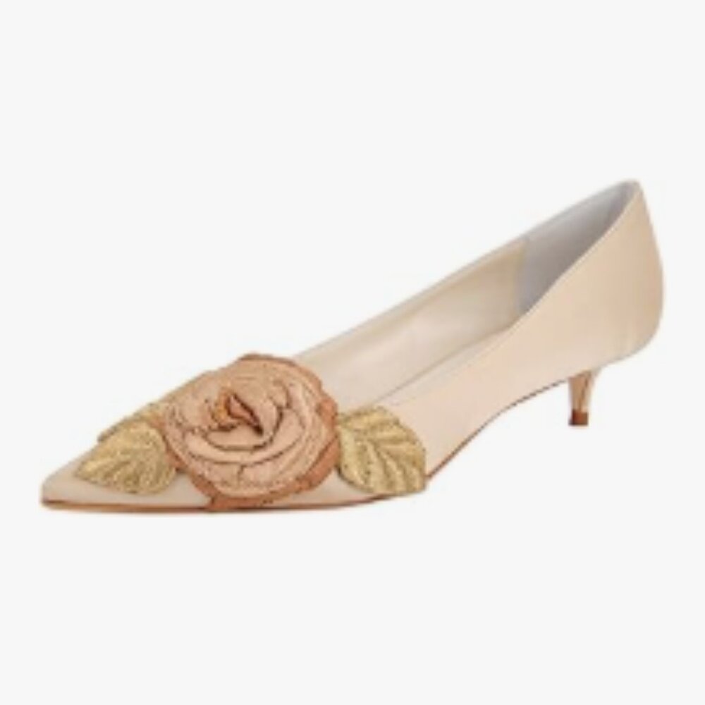 FSJ Champagne Kitten Low Heel Embroidery Pumps Pointed Toe Flower Satin Shoes